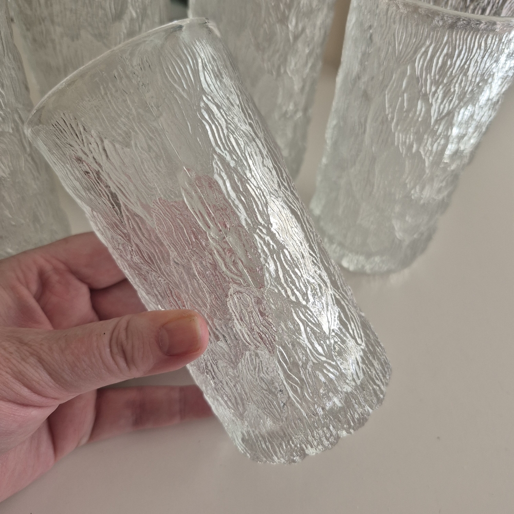 Vtg MCM Made in Italy Textured Tree Bark Clear Highball Glass Tumbler Set of 5